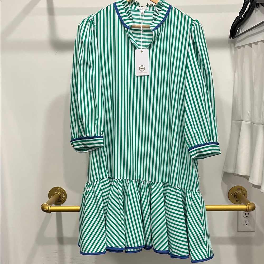 Chic Striped Midi Dress with Blue Trim